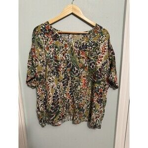 Jodifl Women's Short Sleeve V-Neck Tropical Print Blouse, Size S Oversized (D42)
